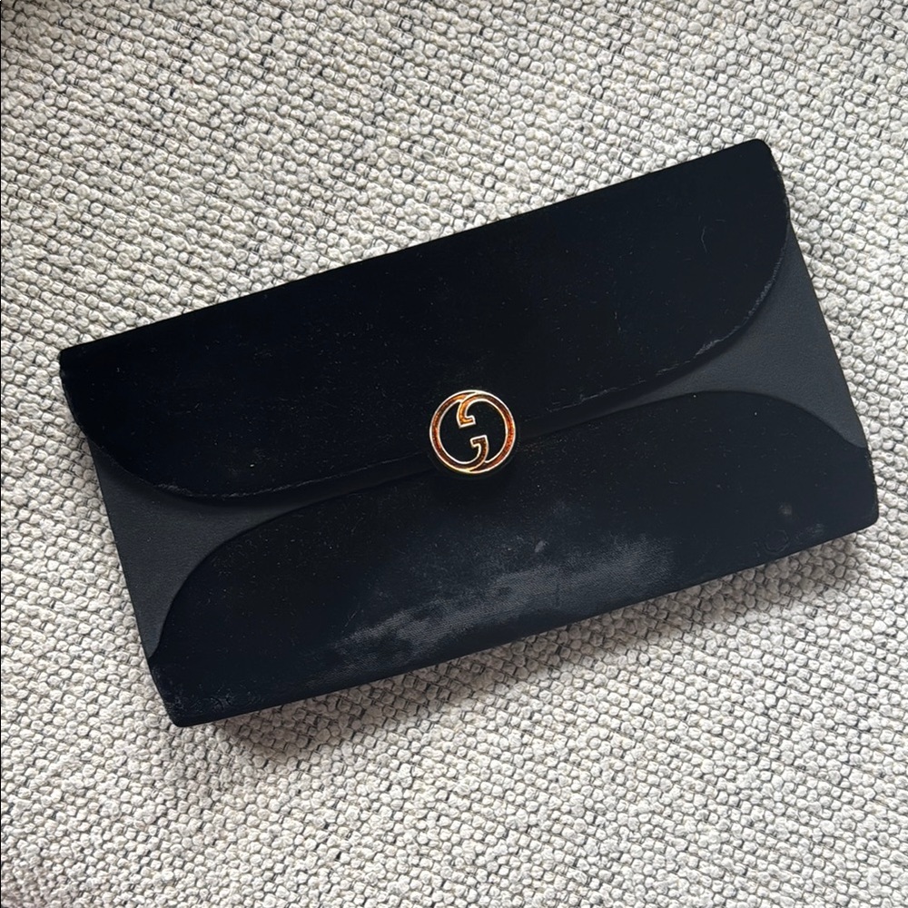 Vintage Gucci Black Velvet Clutch with Gold Logo